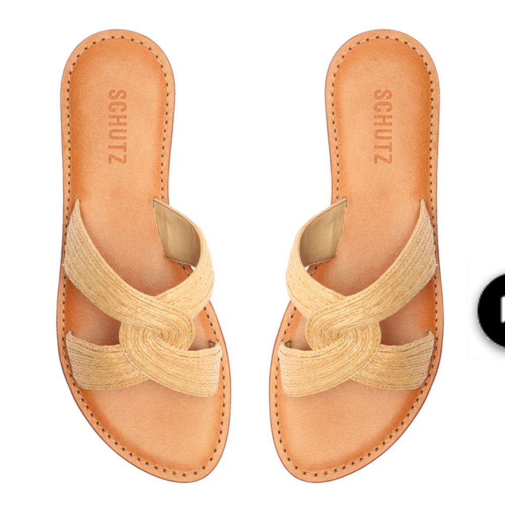 Schutz Rita Natural Raffia Leather-Trim Sandal 7.5 NEW